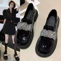 ✧♟™ Patent leather British style small leather shoes for women with rhinestones one-slip loafers single shoes soft sole non-slip casual work shoes black