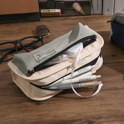 ↂ✆₪ Casual Fashion Triple-layer Canvas Pencil Bag Large Capacity Pencil Case Pen Pencil Holder Student Stationery Organizer