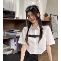 Irregular Polo Collar Leather Ring Short-Sleeved Shirt Womens Summer Design Sense Niche Chic White Short High Waist Top