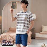 （ใหม่）5XLCotton SpringPajamas กางเกงขาสั้น Loungewear ผู้ชายหน้าอกใหญ่พิมพ์ชุดนอนชุดนอน