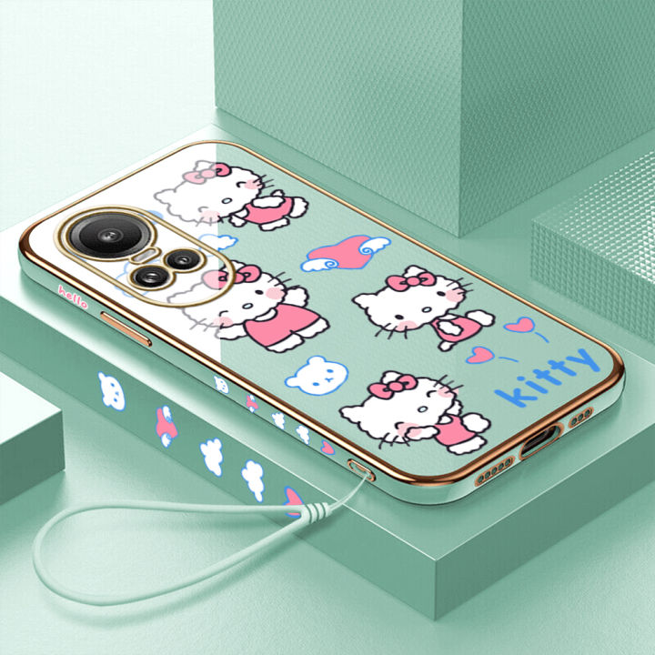 ggk-สำหรับ-oppo-reno10-pro-5g-ฟรีสายคล้องการ์ตูนน่ารัก-kity-แมวขอบสี่เหลี่ยมลวดลายชุบเคสโทรศัพท์หรูหราชุบเคสโทรศัพท์นิ่ม
