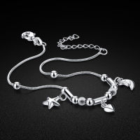 Simple womens summer silver jewelry 925 sterling silver anklet solid silver stars moon ankle bracelet sandals silver chain