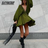 y Low Cut Green Pleated Dresses Backless Lantern Sleeve Streetwear A-Line Autumn Dress Woman V-Neck High Waist Casual