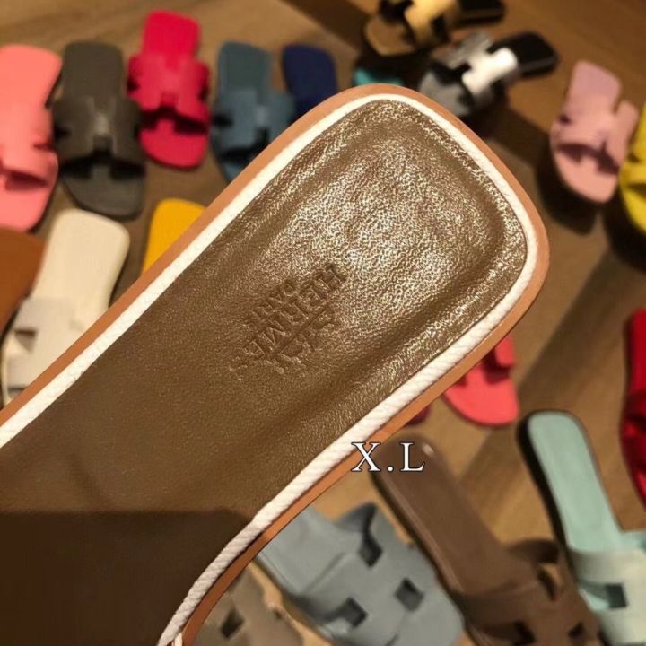 มีสินค้า-2023hermes-slippers-womens-summer-new-all-match-color-blocking-leather-one-word-slippers-travel-outside-wear-flat-beach-sandals