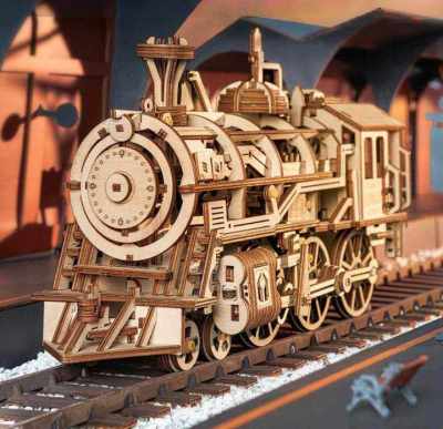 ROKR Ruoke steam locomotive assembled wooden drive desktop ornaments creative diy handmade gifts