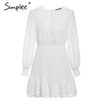 Simplee Sexy white chiffon dress women Long lantern sleeve lace dresses dots female Luxury slim evening party dress vestidos