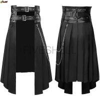 Cosplay Punk Pleated Skirt Mens Gothic Leather Belt Medieval Roman Warrior Kilt Metal Chian Asymmetry Black Halloween Costume