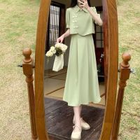 สไตล์วินเทจของผู้หญิง New Chinese-style cheongsam fake two-piece dress summer large size retro Chinese style POLO collar waist long skirt