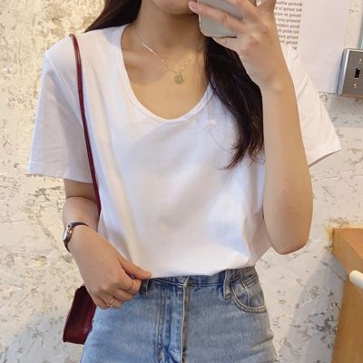 [COD] Wholesale hot girl clavicle exposed white short-sleeved t-shirt female loose Korean version 2022 summer new U-neck top clothes