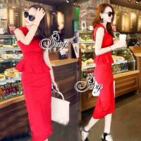 Sevy Two Pieces Of Red Hot Summer Sleeveless T-Shirt With Slim Flounces Hip Skirt Sets