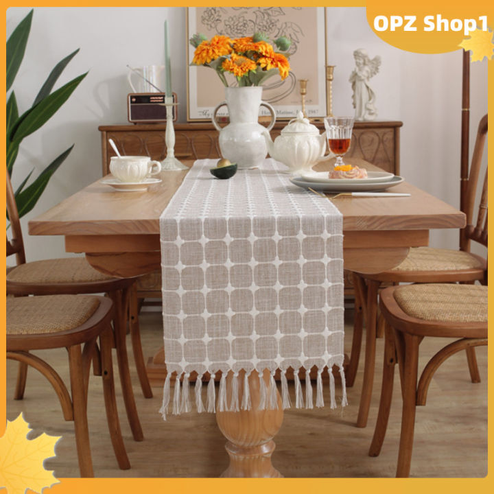 opz-ผ้าคลุมโต๊ะแบบบ้านไร่ลายสก็อตผ้าปูโต๊ะทำด้วยมือมีพู่สำหรับตกแต่งโต๊ะทานอาหาร
