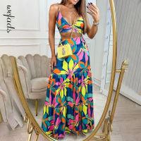 Wefads Two Piece Sets Sleeveless Printed Skirt Two-Piece Sets y Tops Elegant Long Dress Beach Suit