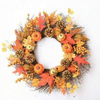 【LZ】✿☞  Artificial maple leaf rattan pumpkin pinecone wreath Halloween Thanksgiving door decoration pendant Garden courtyard Garland