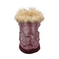 Winter Windproof And Waterproof Dog Leather Jacket Puppy Cold-proof Plush Collar Jacket Thick Warm Cotton Lining Pet Dog Clothes