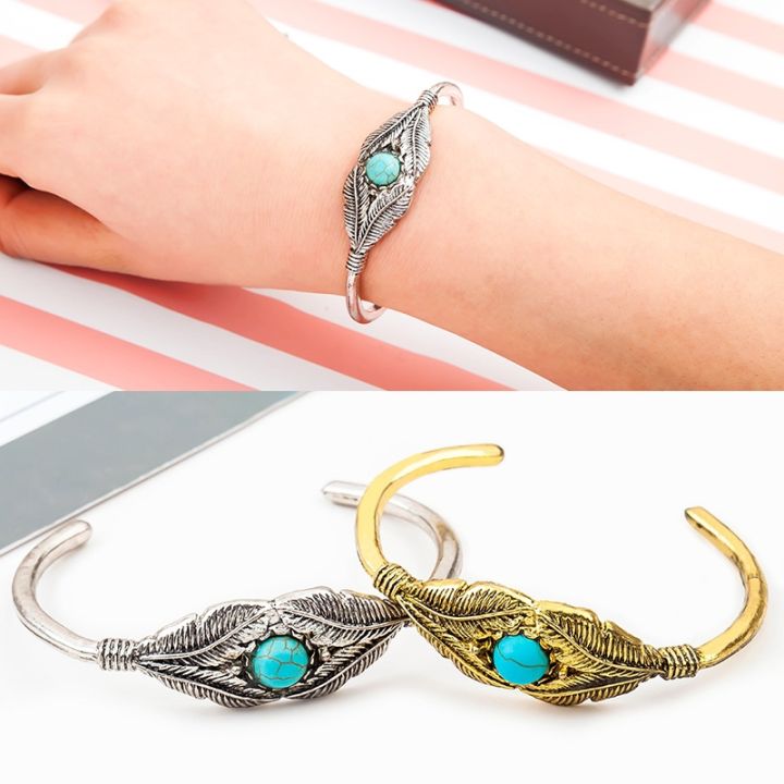 cod-european-and-new-retro-turquoise-feather-leaf-open-bracelet-aliexpress-wish-hot-selling-foreign-trade-sources