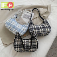 ifashionbagshop(IF1752) กระเป๋าสะพายไหล่ผ้าทวิตลายสก็อตสีสวยกำลังฮิต