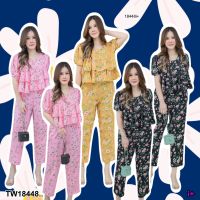 TW18448 Set #สาวอวบ 2 ชิ้น เซทเสื้อระบายอก 2 ชั้น แขนบอลลูน + กางเกงขายาว..