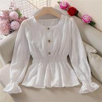 Autumn New Korean Version of The Waist Ruffled Long-sleeved Shirt All-match Solid Color Pleated Flared Sleeve Top