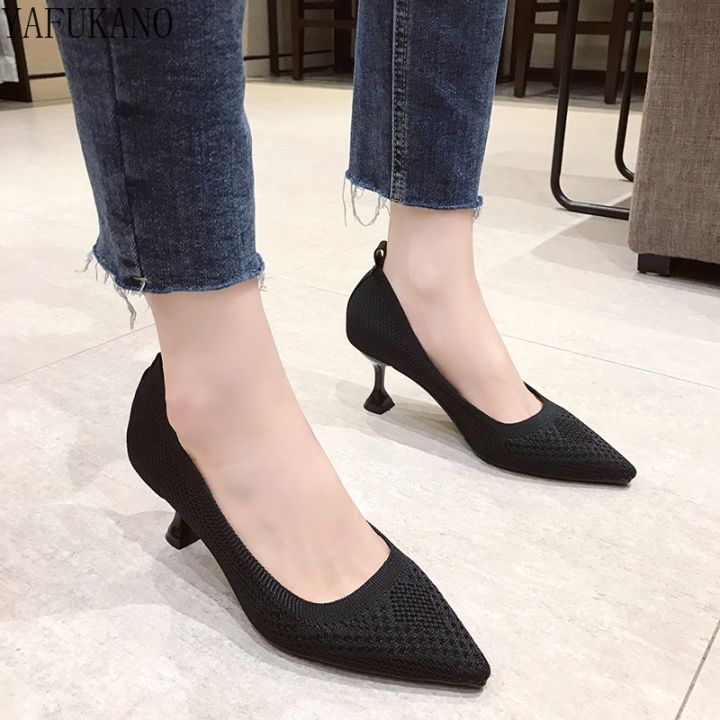 รองเท้าส้นสูงแบบถักสำหรับเสื้อเชิ๊ตol-สำหรับสาวออฟฟิศ-รองเท้าส้นสูงสีดำเสื้อผ้ากุลสตรีปั๊มพื้นฐานปลายแหลม-zapatos-mujer-สปริง