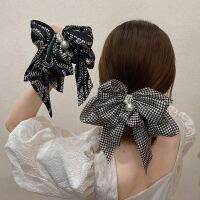 [HOT W] ใหม่ Oversize Bowknot Pearl Barrettes เส้นด้ายสุทธิ Hairpins ผู้หญิง Houndstooth คลิปผมริบบิ้นคลิปผมหางม้าอุปกรณ์เสริมผม