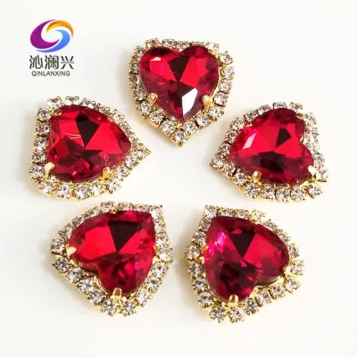 Red heart shape Crystal glass bucklegold bottom sew on rhinestones for Diy/jewelry accessories 12mm/14mm/18mm 10pcs SWHK07