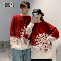 Suikone เสื้อกันหนาวลายเกล็ดหิมะคริสต์มาสแบบหนาสำหรับผู้ชายเสื้อยืดกันหนาวคอกลมแบบหลวมๆเสื้อกันหนาวสีแดงไฟมาก