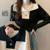 เสื้อไหมพรมแขนยาวปกใหญ่ สีตัดกัน ผ้านิ่มๆ ใส่สบาย Large lapel contrast knitwear 39139