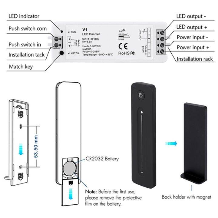 led-dimmer-12v-5v-24v-36v-8a-pwm-wireless-rf-switch-with-2-4g-brightness-adjustment-contact-remote-for-led-single-color-strip