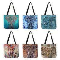 Beautiful Design Handbag for Ladies Elephant Trees Painting Linen Shopping Working Casual Bag Femme Homme Sac A Main