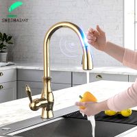 SHBSHAIMY Touch Golden Pull Out Kitchen Sink Faucet Sensor 360 Rotation Two Outlet Water Modes Single Handle Cold Hot Mixer Tap