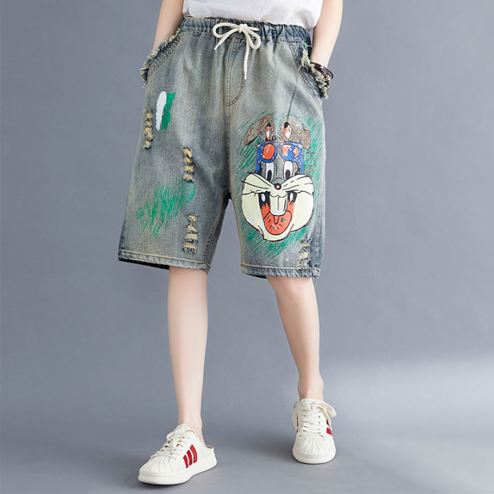 6870-women-summer-fashion-korea-style-ripped-vintage-funny-rabbit-cartoon-print-oversize-office-lady-casual-loose-denim-shorts