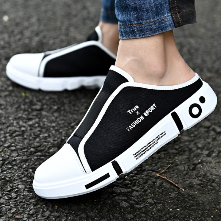 ส่งจากไทย-รองเท้าแตะครึ่งใหม่ของผู้ชาย-รองเท้าลำลองผู้ชายสไตล์เกาหลีอินเทรนด์-รองเท้าผ้าระบายอากาศของนักเรียน-รองเท้าผ้าใบส้นเตี้ย