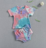 2pcs Set Summer Newborn Baby Girls Tie Dye Knitted Homwear Infant Short Sleeve Shirt + Elastic Pants Cotton Toddler Casual Set  by Hs2023