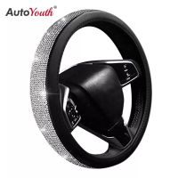 AUTOYOUTH Cystal Steering Wheel Cover with PU Leather Bling Bling Rhinestones Universal 15 Inch Auto Steering Wheel Black Silver Steering Wheels Acces