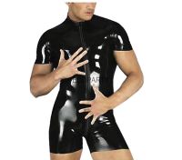 Wet Look latex Catsuit Faux Leather Jumpsuits Black thick PVC Bodysuits Sexy Clubwear Men Open Crotch Lingerie Body Suit