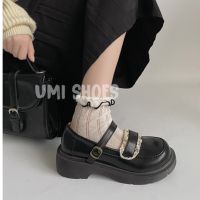 Womens lolita oxford form leather mary shoes with velcro strap in black cream student padded sole 5cm high