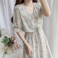 Cherrys Korean irst Love Floral Skirt Summer Doll Collar Chiffon Dress Long Skirt Lady Wind Gentle Fairy Skirt