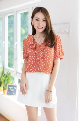 Narinari : MT0904 Tiny Flower Ruffle Blouse – Punch Orange