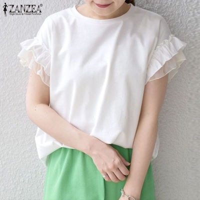 (สินค้ามาใหม่)(จัดส่งฟรี)Fancystyle ZANZEA เสื้อยืดปลอกแขนแบบมีระบายสำหรับผู้หญิงเสื้อถักเสื้อยืดคอกลมทรงหลวมแฟชั่น #8