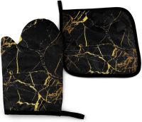 Black Gold Marble Oven Mitts and Pot Holders Heat Resistant Oven Gloves Safe Cooking Baking Grilling