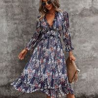 COD DSFERTGERRYYY Sexy V Neck Floral Print Butterfly Sleeve High Waist Chiffon Long Dress