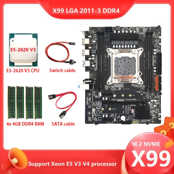 X99M LGA20113 V3 V4 DDR4 Computer Motherboard Kit+E52620 V3 CPU+4X4G DDR4 RAM+Switch Line