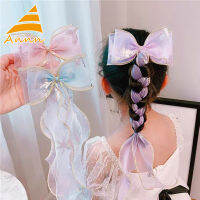 Annn Store Girls Hairpin Ice Princess Headdress Big Bow Long Ribbon Braided Hairpin