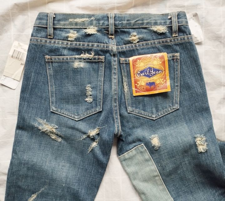 earl-jeans-กางเกงยีนส์แต่งสะกิดขาด-เอวต่ำ-ไซส์-24-ฟิก-แบรนด์ญี่ปุ่น-ป้ายห้อย-สวยเซอร์ๆ-ไม่ผ่านการใช้งาน-โล๊ะช็อป
