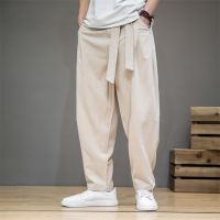 Mens Summer Cotton Linen Casual Pants Comfortable Soft Fashionable Trousers Elastic Waist Wide Leg Pants Japan Style Men Pants