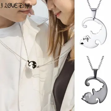 2Pcs Black White Cute Cat Couple Necklaces Stainless Steel Cat Good Luck  Heart Pendant Necklace for Best Friends Gift Jewelry - AliExpress