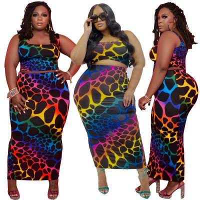 4xl 5xl Large Size Women Clothing Two Piece Set Printed Tight-fitting Hip Fashion Summer Long Skirt Suit Wholesale Dropshipping