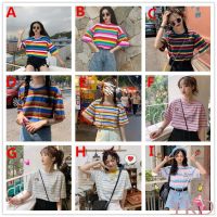 Sweet Rainbow Striped Print Half Sleeves O Neck T-shirts For Women