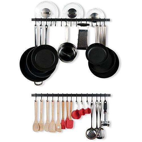 Kitchen Rail Organizer Iron Hanging Utensils Rack with Hooks Frosty Black 30inch