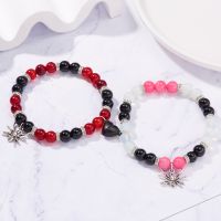 2PCS/SET Men Gothic Spider Couple Bracelet Magnetic Heart Hip Hop Elastic Beaded Bracelets For Women Halloween Jewelry